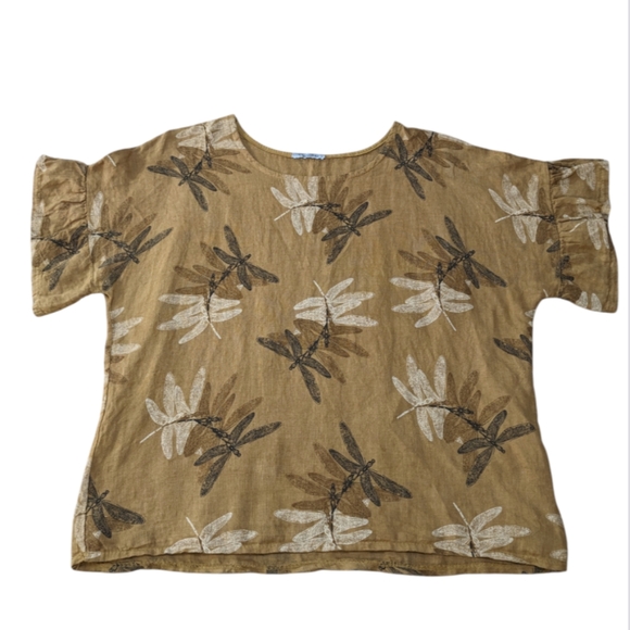 Elana Baldi 100% Linen Blouse Dragonfly Top Ruffle Sleeve Italy Tan Large - Picture 3 of 7